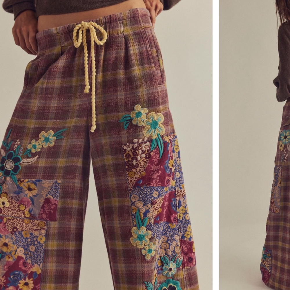 NWT Free People Brooks Embroidered Wide Leg Patchwork Pants, S - Picture 3 of 16